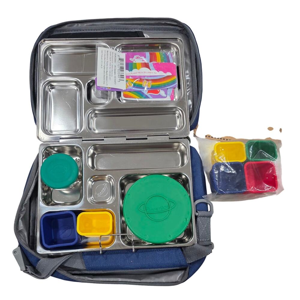 PLANTBOX 5 Compartment Steel Lunch Box Kit Blue Canvas Bag Magnets Pods
